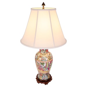 Elegant Rose Medallion Table Lamp Handpainted with Rosewood Stand