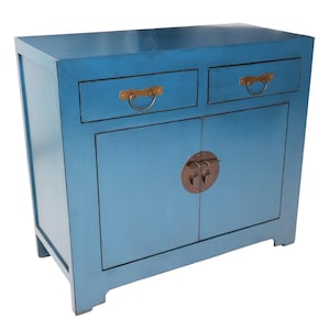 38" Chinese Wooden Cabinet with Round Brass in Blue Lacquer Finish