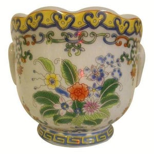 Small Floral Painted Porcelain Cachepot Planter with Handle