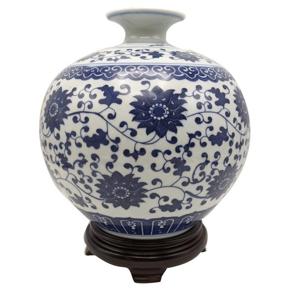 Chinese Floral Vine Blue and White Ball Vase