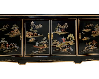 Oriental Buffet in Black Lacquer With Hand Painted Landscape 60"W