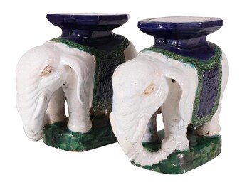 Asian Ceramic Tables Vintage Pair of Two Elephants