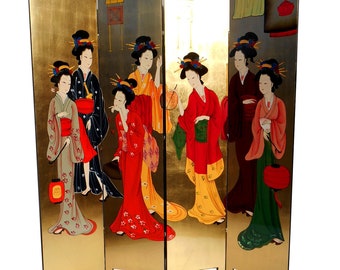 Four Panel Oriental Room Divider Hand Painted Geisha