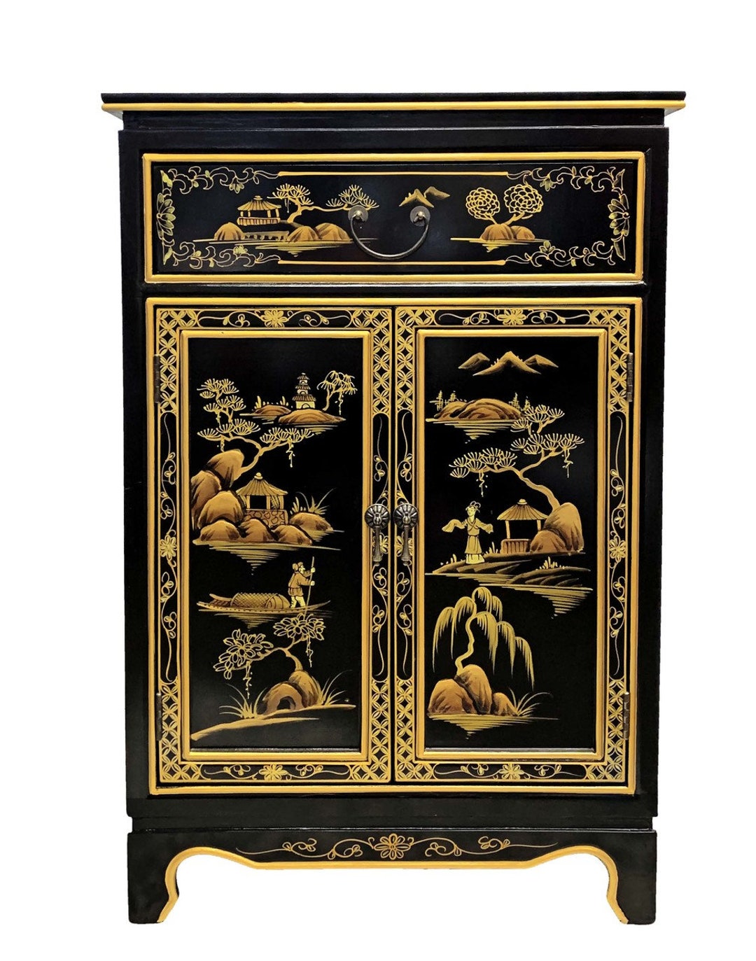 Oriental Shoe Cabinet Painted Landscape on Antique Black