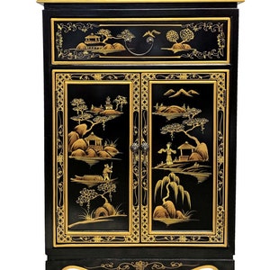 oriental shoe cabinet painted landscape on antique black finish