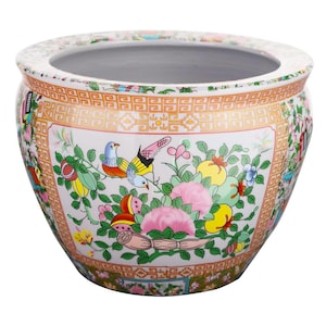 Floral Asian Design Cachepot Planter with Rose Medallion Painting 10" Wide