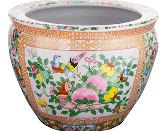 Floral Asian Design Cachepot Planter with Rose Medallion Painting 10" Wide
