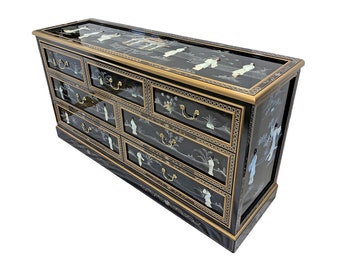 Oriental Black Lacquer Dresser with Seven Drawers, Glass Top and Mother of Pearl Inlays