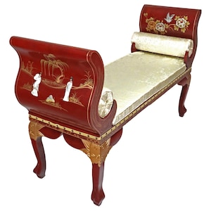 Red Lacquer Bench Carved Mother Of Pearl in Chinese Design