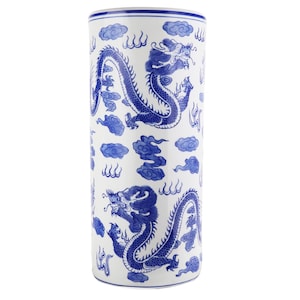 Oriental Porcelain Umbrella Stand with Blue and White Dragon
