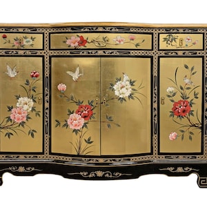 48"W. Oriental Lacquer Cabinet With Rounded Center and Hand Painted Floral (Black with Gold Leaf)
