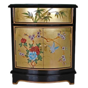 Oriental End Table Painted Bird and Flower