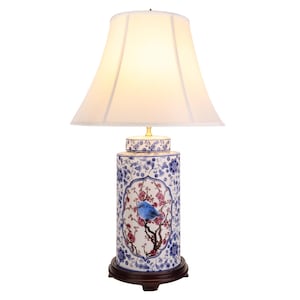porcelain table lamp in chinese blue and white bird and flower painting with shade