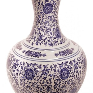 24&quot;H Blue and White Five Rings Oriental Porcelain Ball Vase