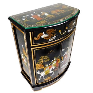 Oriental Cabinet with Round Front and Hand Painted Warriors on Black Lacquer