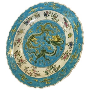 Chinese Dragon Plate in Blue and White Glazed Porcelain 18&quot; Dia