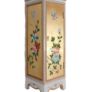 Oriental Gold Leaf and White Lacquer Pedestal with Bird and Flower Design 36&quot;H