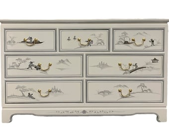 White Oriental Dresser With Hand Painted Mountain Scenery 48" W