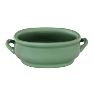 May include: A sage green ceramic soup bowl with two handles. The bowl has a rounded shape and a smooth, glossy finish. The handles are small and curved, and the bowl is empty.