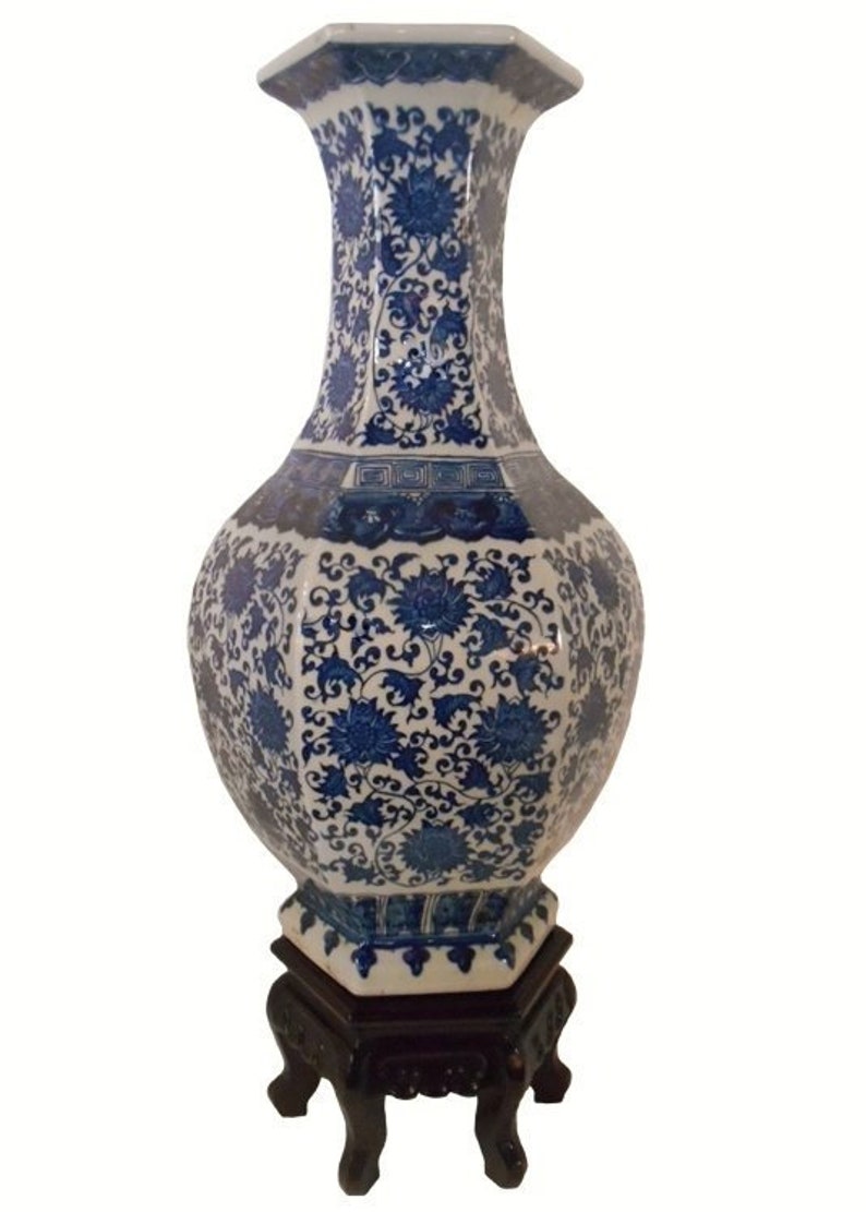Blue & White Hexagonal Porcelain Vase in Floral Chain il 794xN 4rcf
