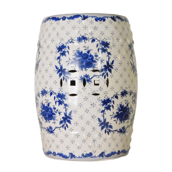 blue and white porcelain garden stool in european floral pattern