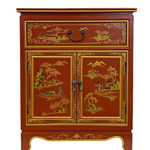 30"H. Asian Shoe Cabinet Hand Painted Landscape on Antique Red.