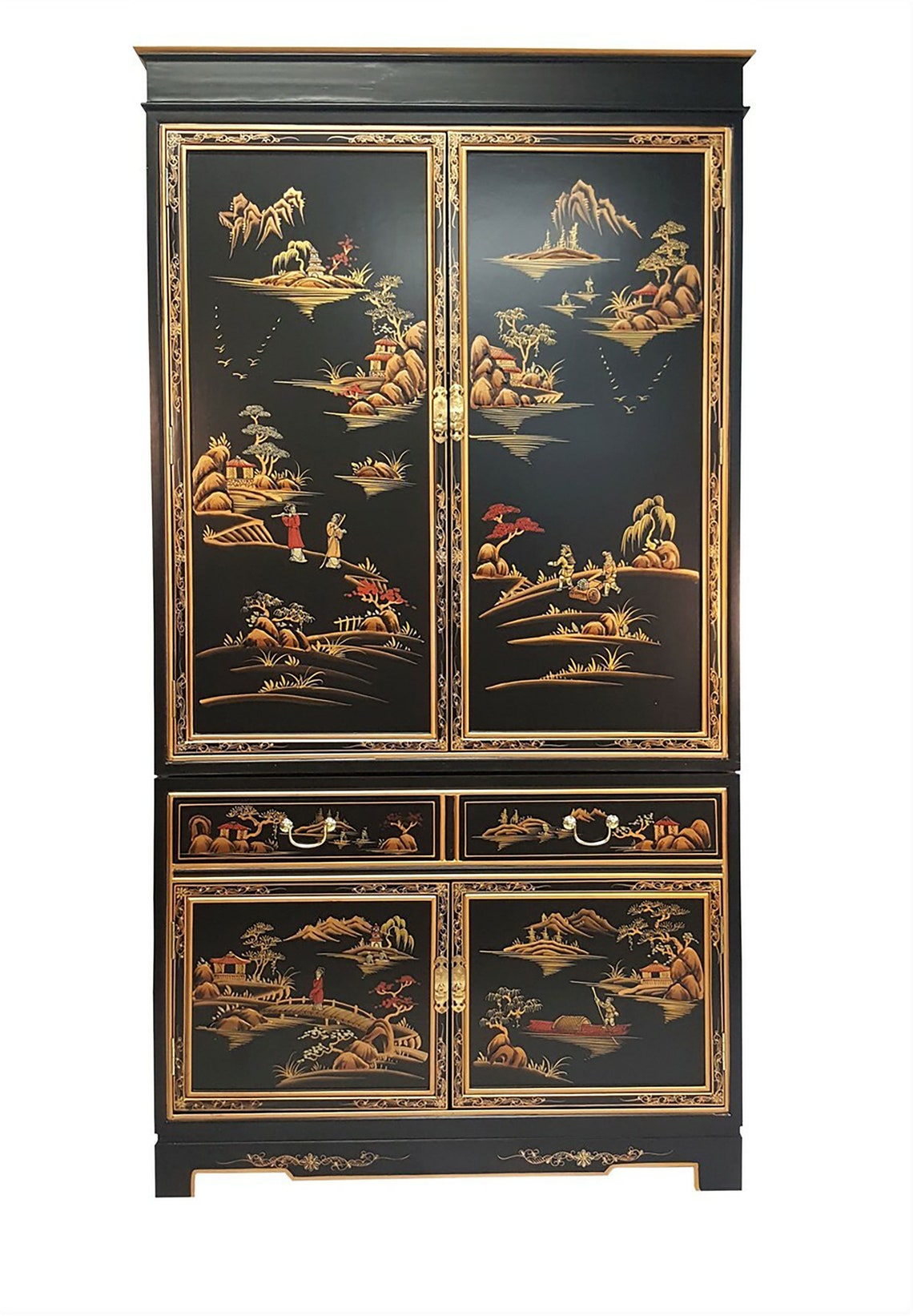 Oriental Armoire in Antique Black With Rich Gold Landscape Etsy