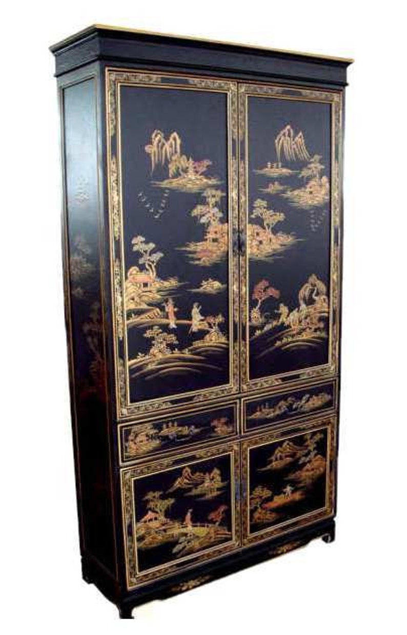 Oriental Armoire in Antique Black With Rich Gold Landscape Etsy