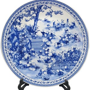 Blue and White Porcelain Plate with Children Playing