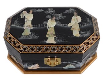 Chinese Black Lacquer Octagonal Jewelry Box With Mother of Pearl Inlays
