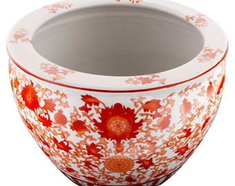 Oriental Fish Bowl Red Coral Pattern 12"W