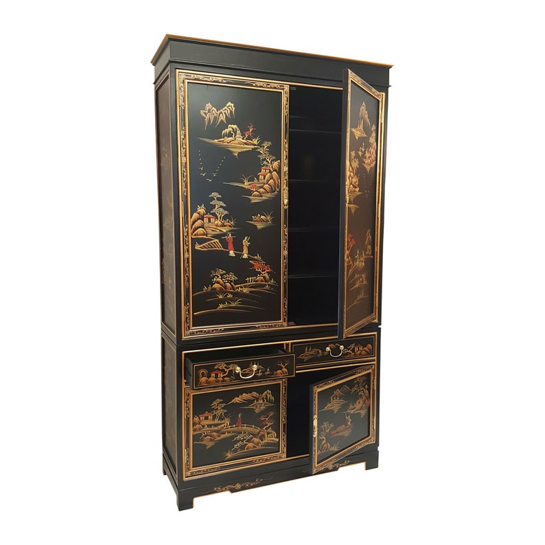 Oriental Armoire in Antique Black With Rich Gold Landscape Etsy
