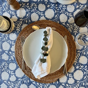 Tischdecke Premium Baumwolle (Canvas)  ca. 150cm x 230cm Blumen Blau/Weiß indischer Blockdruck