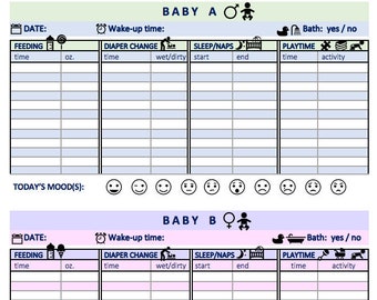 Nanny Log / Baby Report for Twin Infants (Entièrement personnalisable)