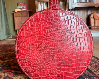 Vintage Red Crocodile Embossed Round Hat Box Case | Retro Travel Case | Mid Century Luggage | Vanity Case | Hollywood Regency Decor| pink