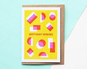 Birthday Wishes Greeting Card - Risograph Printed Colourful Birthday Card, Yellow