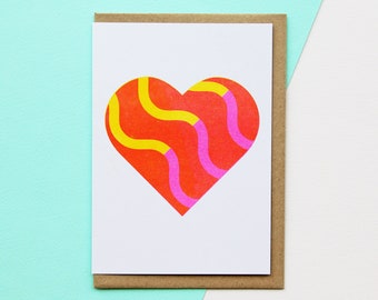 Heart Valentines Day Card - Risograph Printed Card, Birthday, Anniversary, Engagement, Just Married / Wedding Card