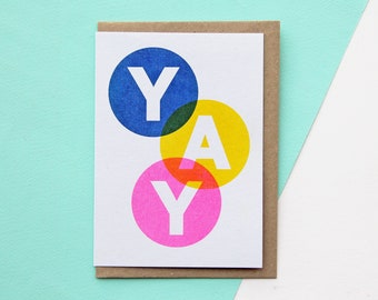 YAY Greetings Card - Risograph print card for celebrations, well done, congratulations card