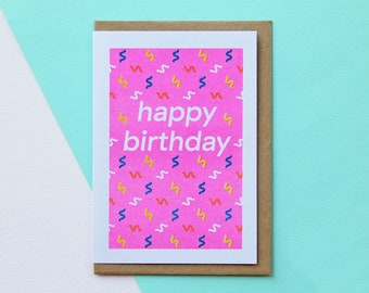 Happy Birthday Greetings Card - Risograph Printed Colourful Birthday Card, Pink