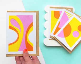 4 Pack of Cards, Risograph Printed Geometric Patterned Card Set in Pink & Yellow