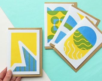4 Pack of Cards, Risograph Printed Geometric Patterned Card Set in Blue & Yellow