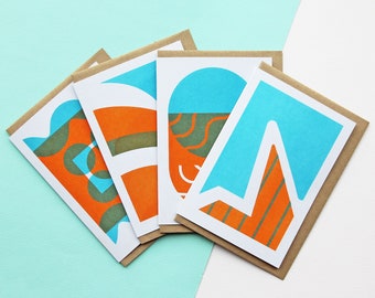 4 Pack of Cards, Risograph Printed Geometric Patterned Card Set in Aqua & Melon