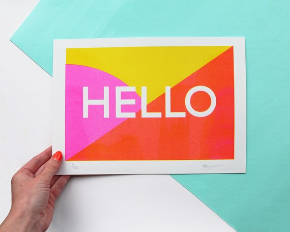 Hello A4 Risograph Print, Colourful Wall Art for your home! Eco Friendly Home Decor