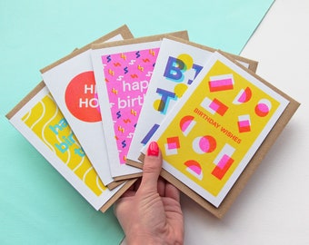 Birthday Card Bundle - Set of Five Colourful Birthday Cards, Risograph Printed