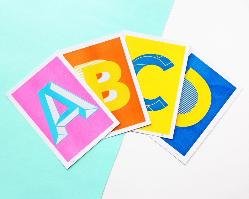 A5 Letter Risograph Prints Colourful Alphabet Prints / Initial Prints image 3