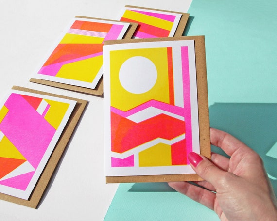 Card Pack - Set of 4 Cards, Risograph Printed Geometric Patterned Card Set in Pink & Yellow