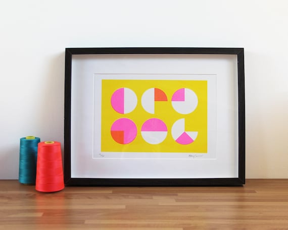 Geometric Risograph Print - Yellow and Fluorescent Pink Circles - A4 Riso Print - Pattern, Art, Home Decor