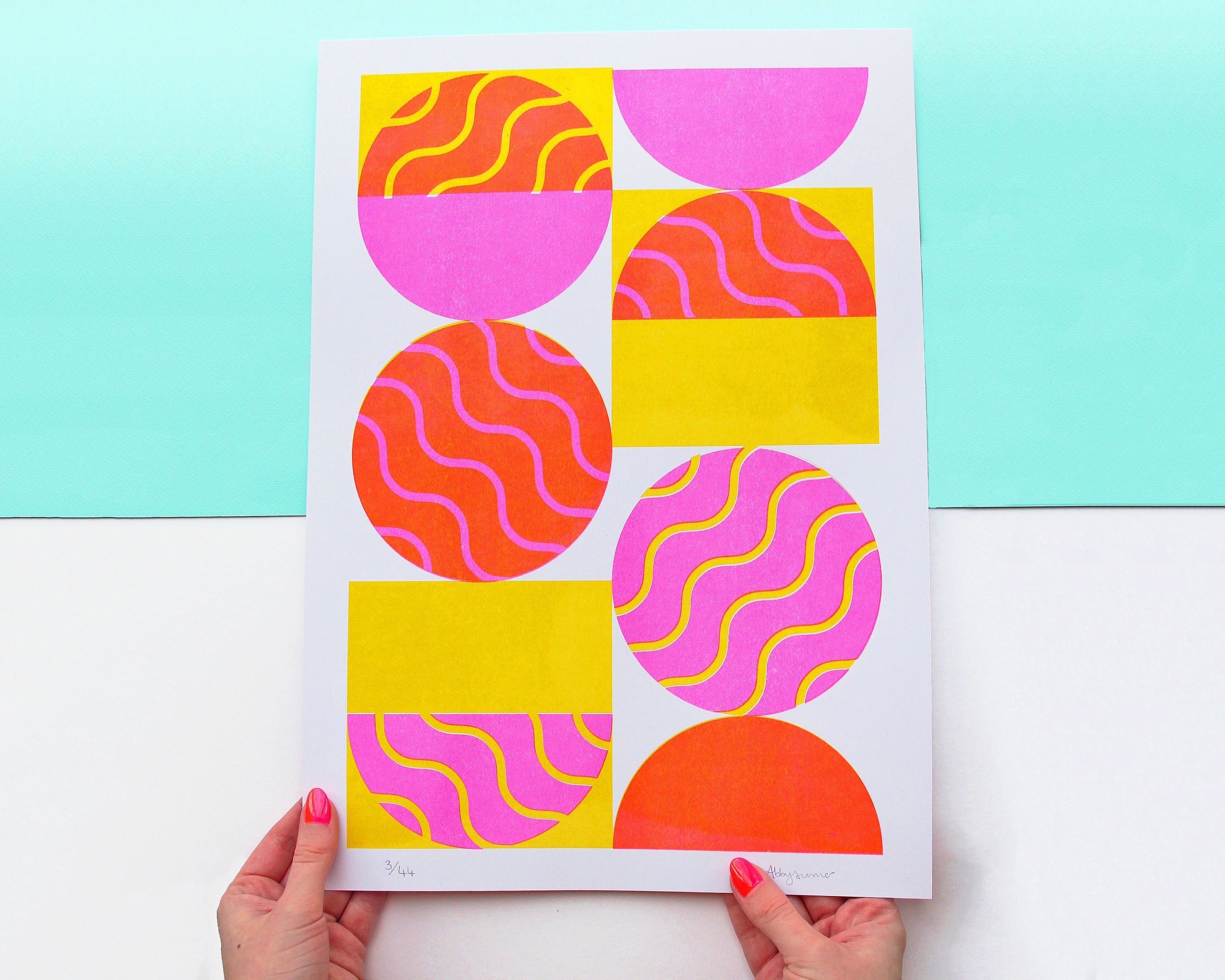 A3 Circles Risograph Print, Pink and Yellow Large Abstract Print