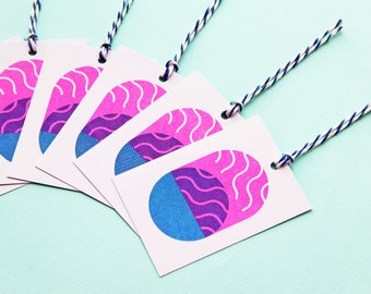 Colourful Gift Tags ~ Pack of 6 Patterned Risograph Printed Present Tags Blue & Pink