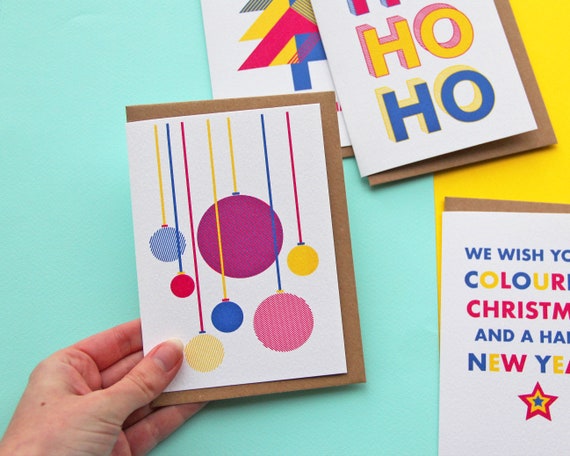 Christmas Cards 4-Pack - Colourful Christmas Greetings Cards: HoHoHo, Baubles, Christmas Tree